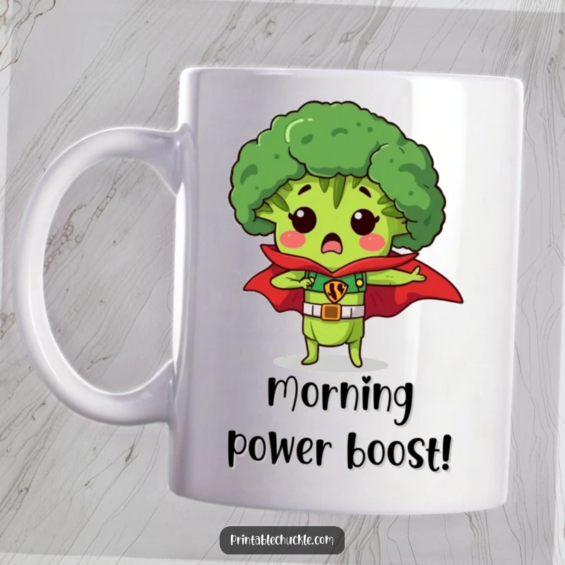 Funny mug with a surprised piece of broccoli wearing a superhero cape, looking ready for action, a healthy humor gift.