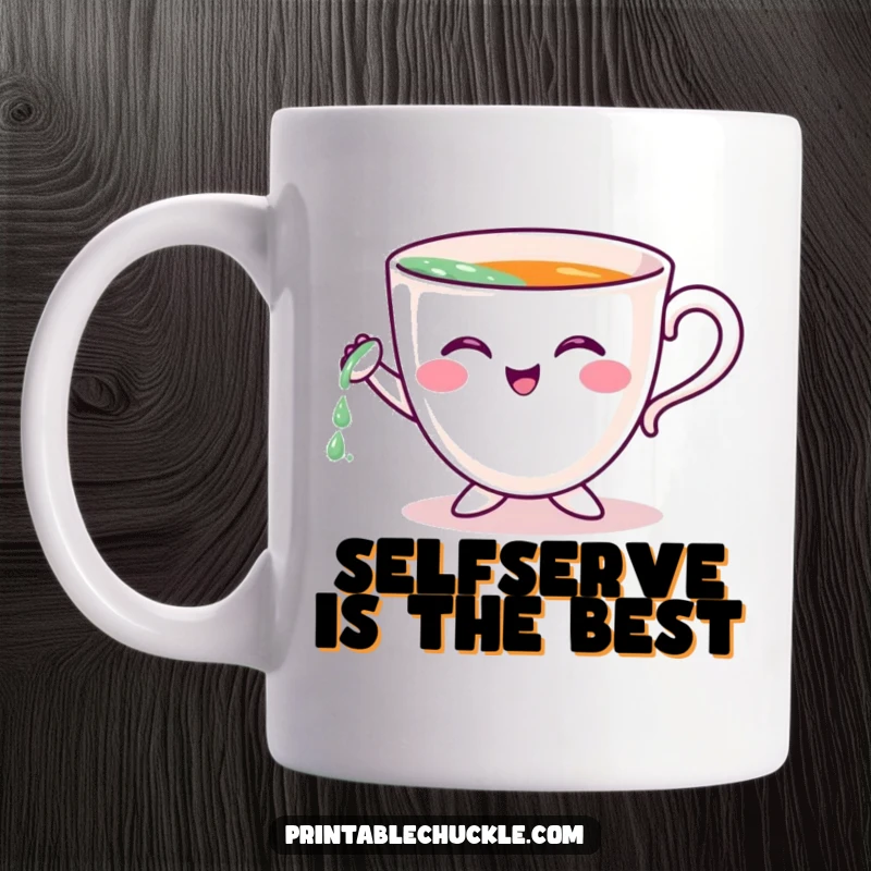 Funny coffee mug featuring a cheerful teacup character hilariously attempting to pour itself, spilling a little joy.