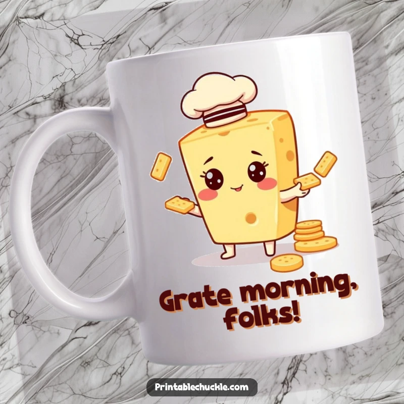Funny ceramic mug with a piece of cheese wearing a chef hat, comically juggling crackers with a determined expression.