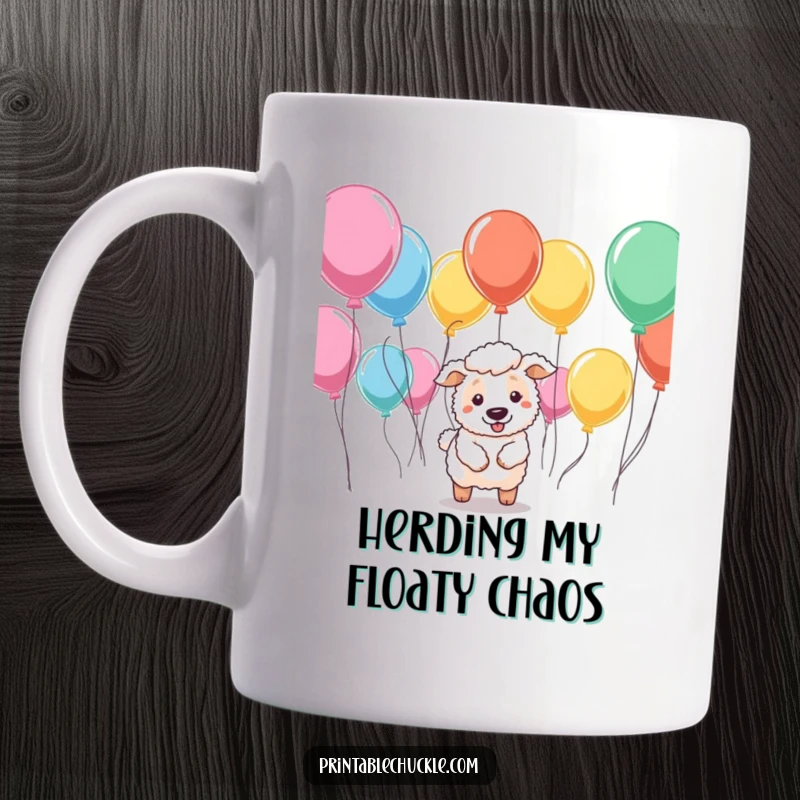 Funny mug showing a determined sheepdog trying to herd a flock of disobedient, floating balloons, symbolizing a humorous task.