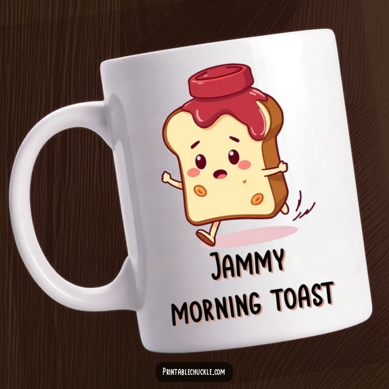 Funny mug featuring a convinced bread slice character comically being chased by a giggling jar of jam, evoking breakfast-themed humor and chaos.