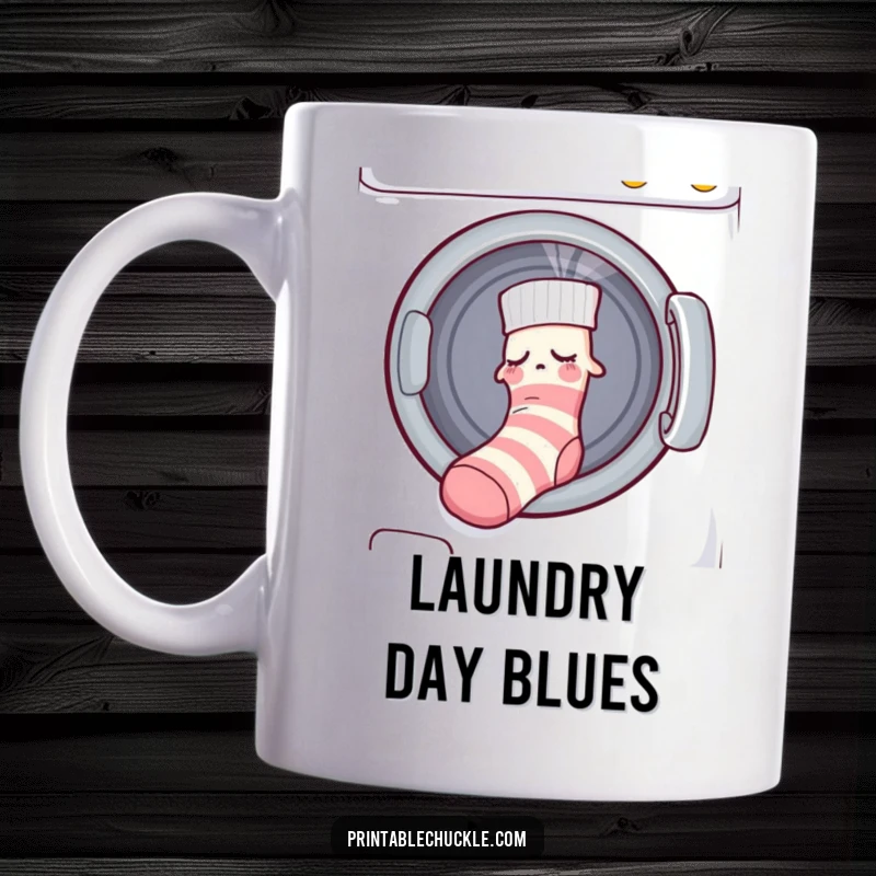 Funny mug showing a sleepy sock being pulled into a dryer by an unseen force, a humorous laundry day gift.