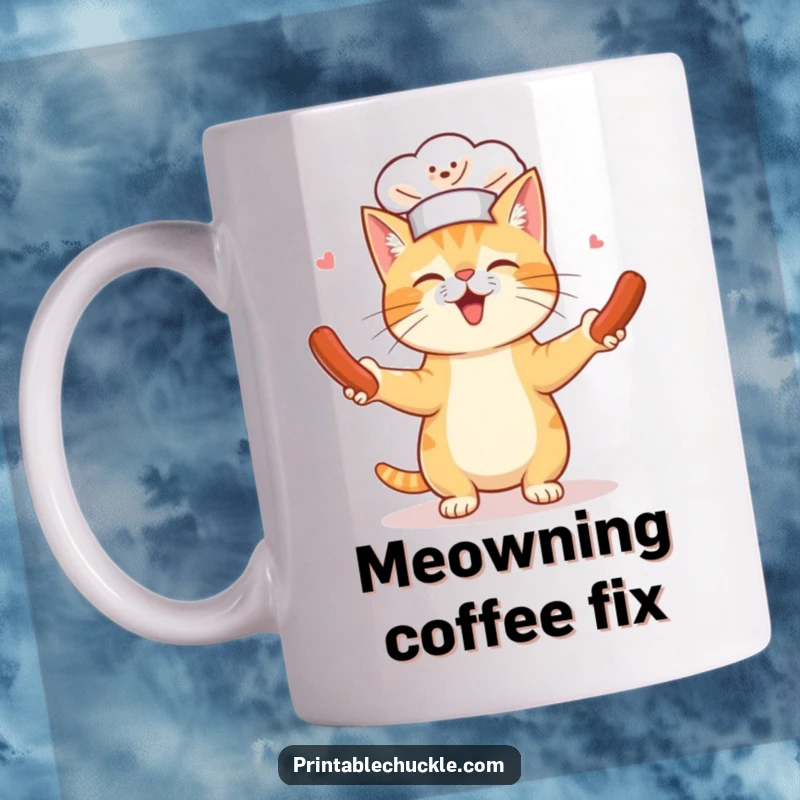 Funny mug featuring a cat wearing a tiny chef hat, comically juggling spinning hot dogs, embodying culinary chaos and feline fun.