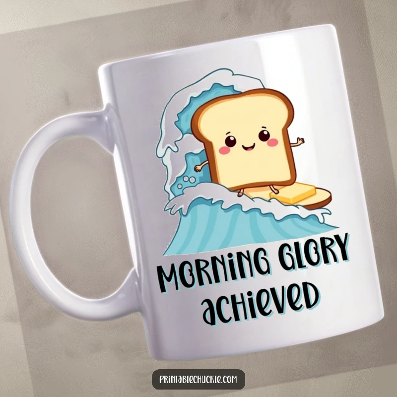 Funny mug with a smiley face toast surfing a massive wave of butter, perfect funny gift for breakfast lovers.