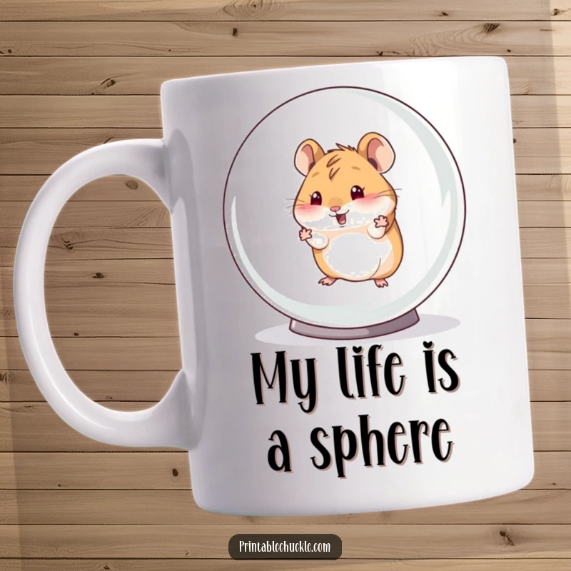Funny mug featuring a determined hamster breaking out of a giant hamster ball, looking for freedom and a good laugh.