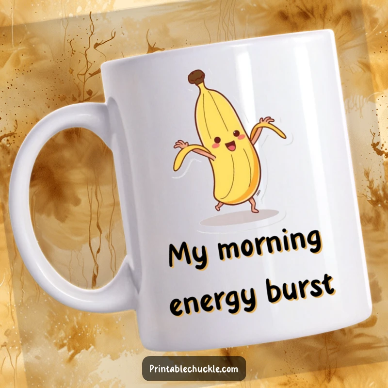 Funny dancing banana mug, humorously attempting to peel itself while doing a wild spin, showcasing pure, joyful silliness.