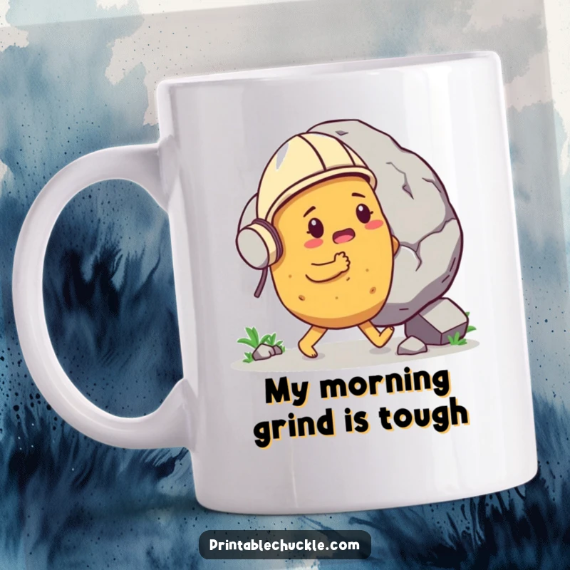 Funny determined potato wearing a tiny helmet, hilariously pushing a gigantic boulder, on a mug, symbolizing strength, a funny gift.