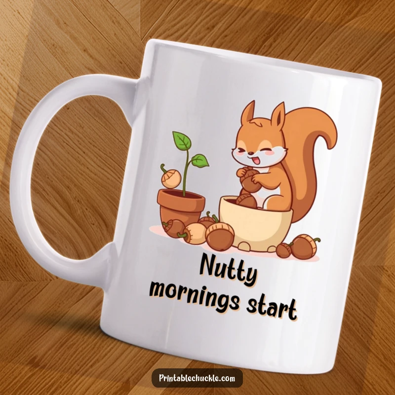 Funny mug showing a frantic squirrel with acorns, hilariously burying them in a potted plant.