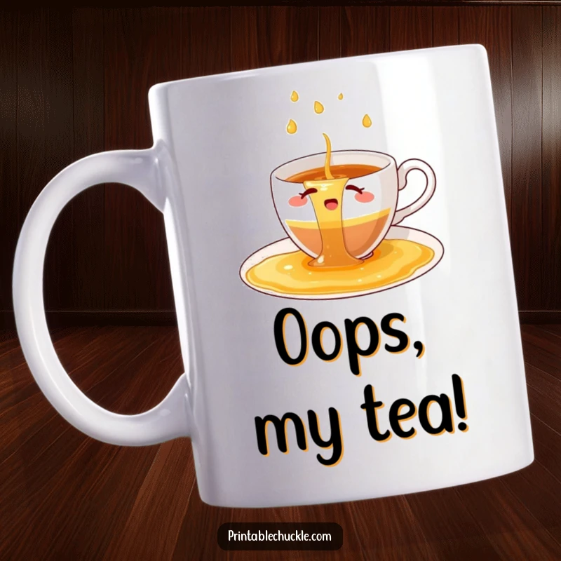 Funny mug showing a bewildered teacup overwhelmed by a massive waterfall of spilled tea.