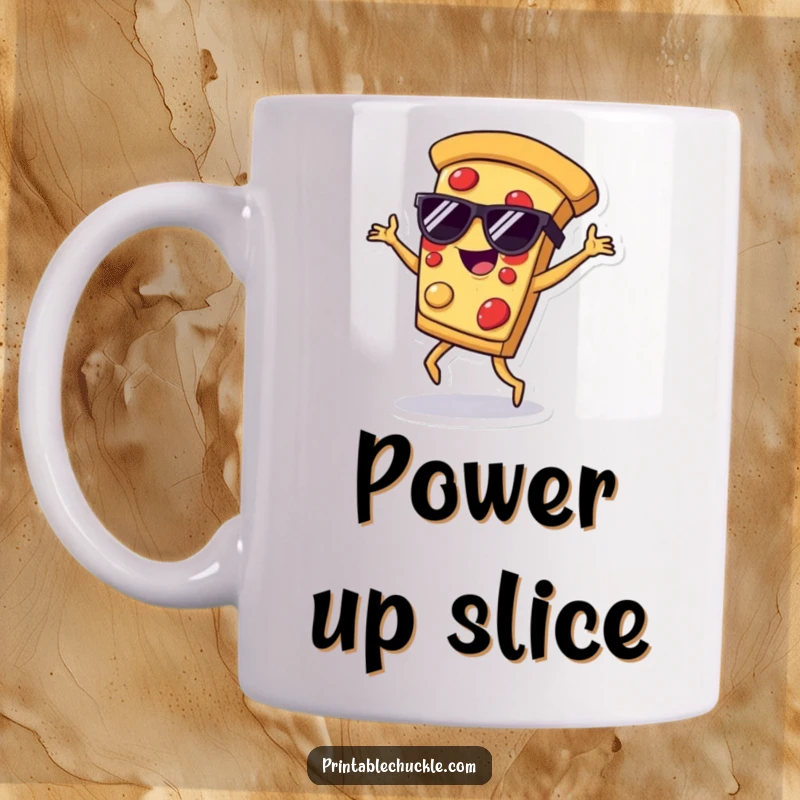 Funny mug showing a pizza slice wearing sunglasses, energetically attempting breakdance moves with joyful abandon.