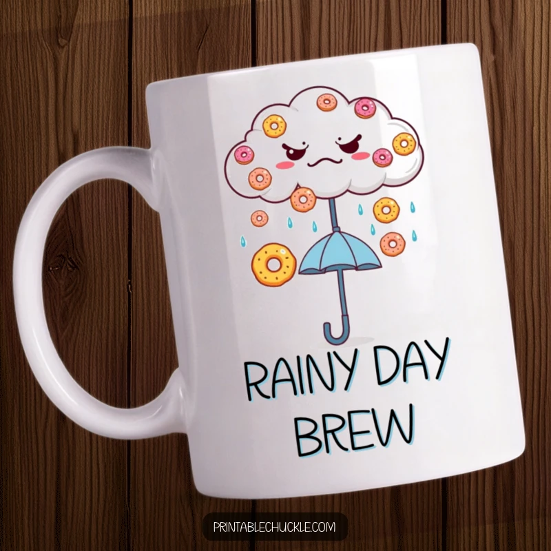 Funny Grumpy Cloud Donut Rain Mug: A grumpy cloud rains perfectly shaped donuts onto a cheerful, open umbrella below.