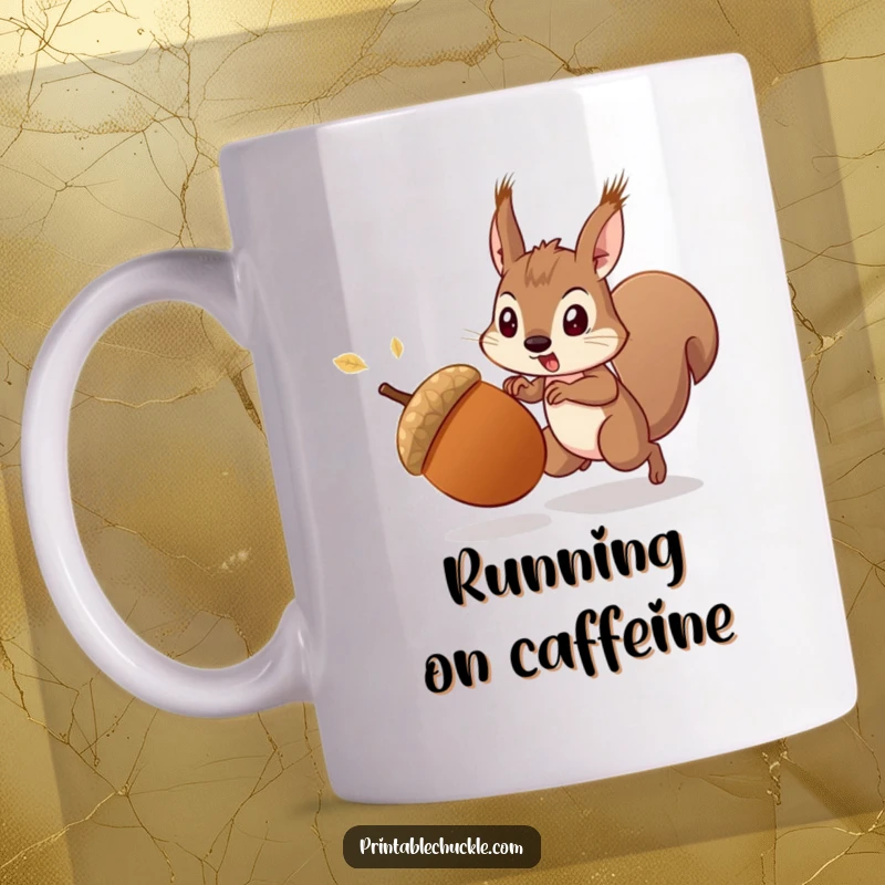Funny startled acorn being chased by a determined squirrel, creating a comical scene on a mug, a perfect funny gift.