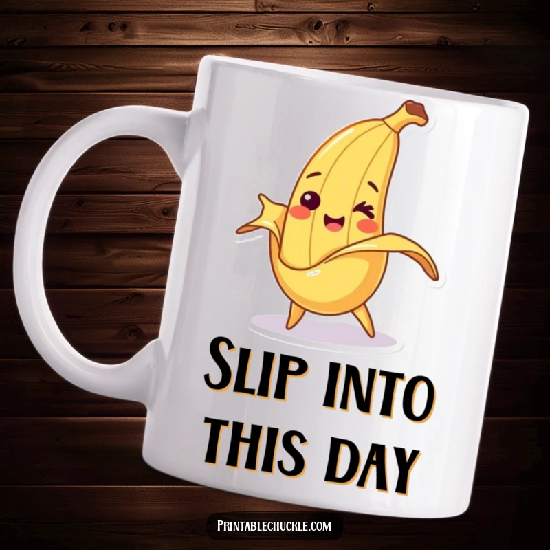 Funny mug featuring a smiling banana character comically tripping over its own peel, radiating cheerful misfortune.
