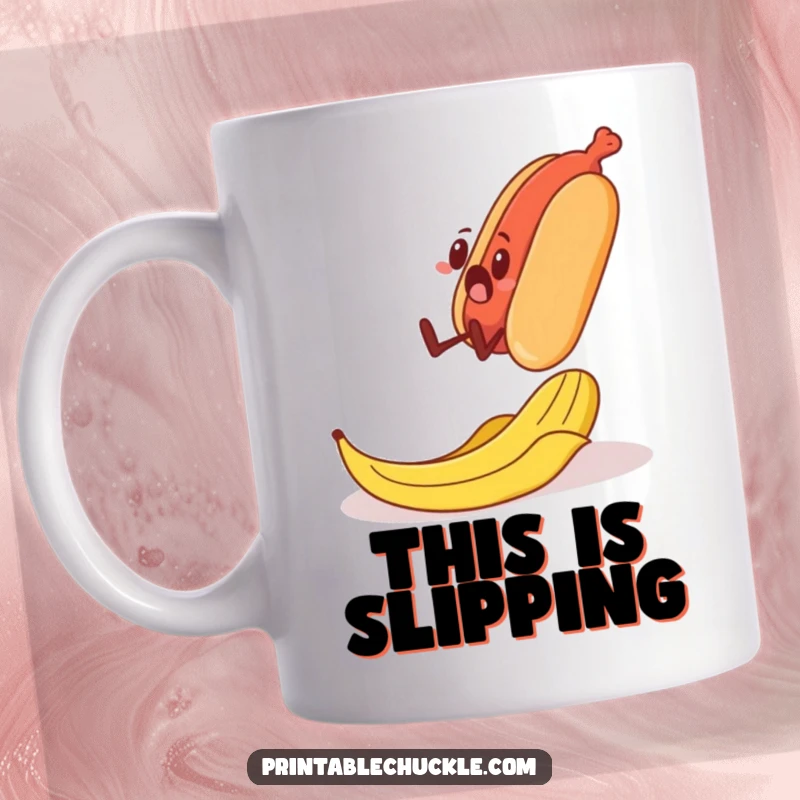 Funny ceramic mug showing a shocked banana peel sliding beneath the feet of a jaunty hot dog character.