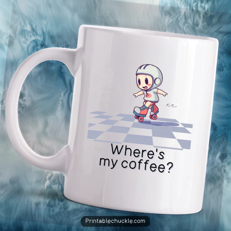 Funny ceramic mug showing a roller skate character in a dizzy spin on a black and white checkered floor.
