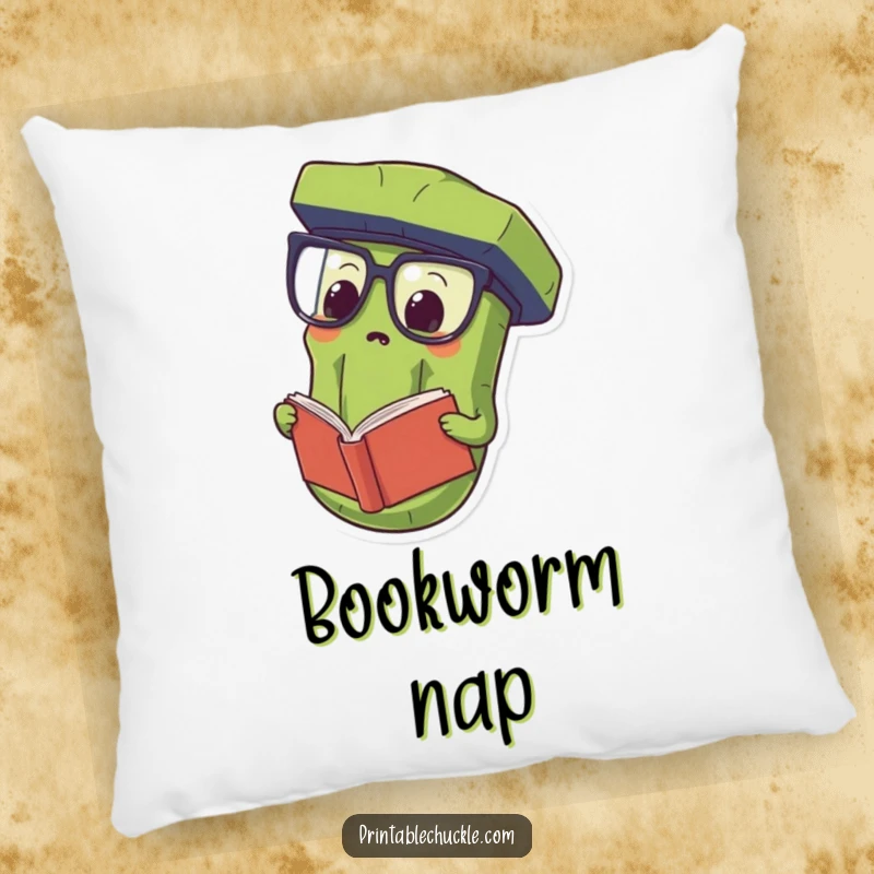 Funny Pillow featuring a proud pickle wearing oversized spectacles and reading a book upside down, providing cozy comfort with smart humor.