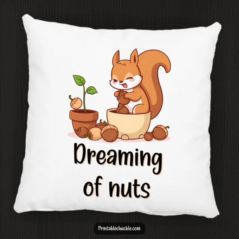 Funny pillow with a frantic squirrel hilariously burying acorns in a potted plant, offering comfort and humor.