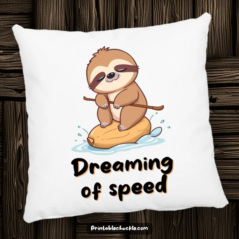 Funny pillow featuring a sleepy sloth water-skiing on a single cashew nut, adding a humorous and plush touch to decor.