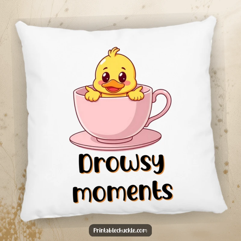 Funny pillow featuring a bewildered rubber duck character hilariously stuck inside a giant teacup, perfect for cozy, cute, and humorous decor.