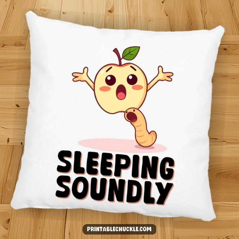 Funny surprised apple dodging a falling worm, a soft and humorous pillow.