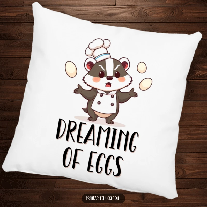 Funny pillow with a bewildered badger wearing a chef hat, juggling eggs, comfortable funny gift.