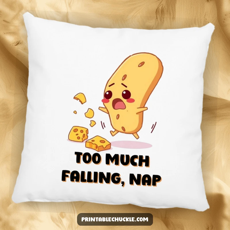 Funny pillow featuring a startled baguette comically dodging falling cheese, adding humorous and cozy decor.