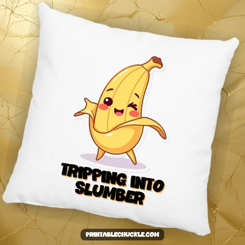 Funny pillow featuring a smiling banana character comically tripping over its peel, adding a cheerful touch to any room.