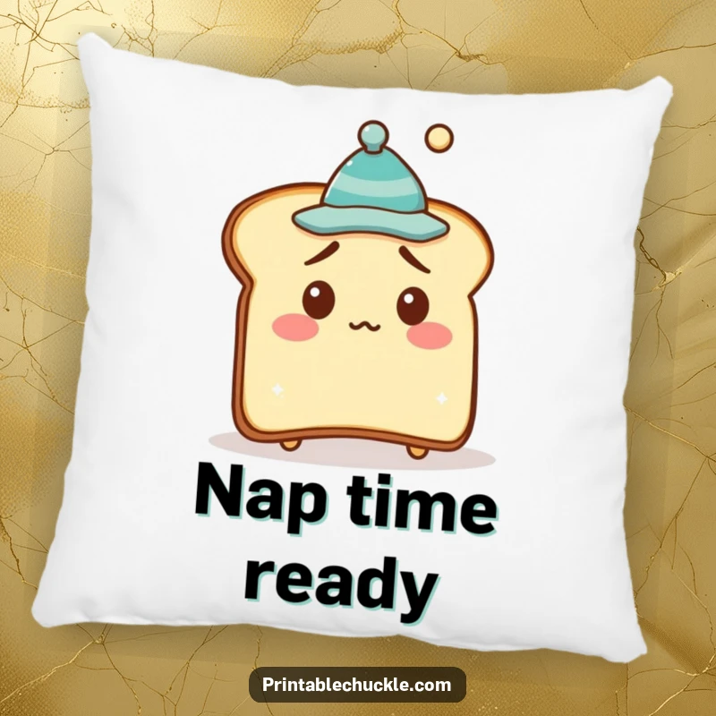 Funny Pillow featuring a bewildered piece of toast with a small, crooked hat, adding a touch of humor to any couch.