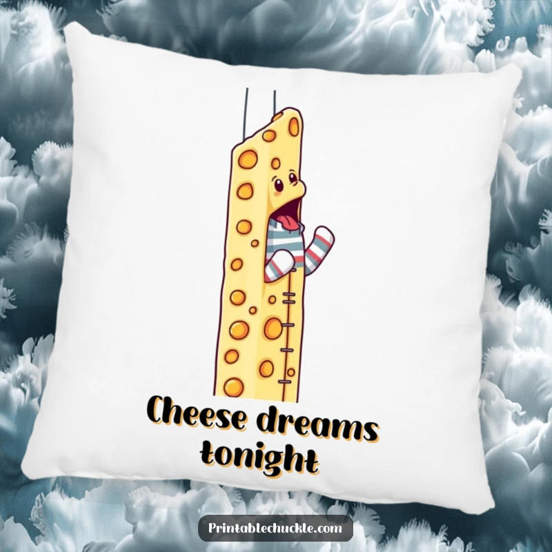 Funny sock puppet pillow featuring a determined puppet climbing a skyscraper made of cheese, soft and inspiring.