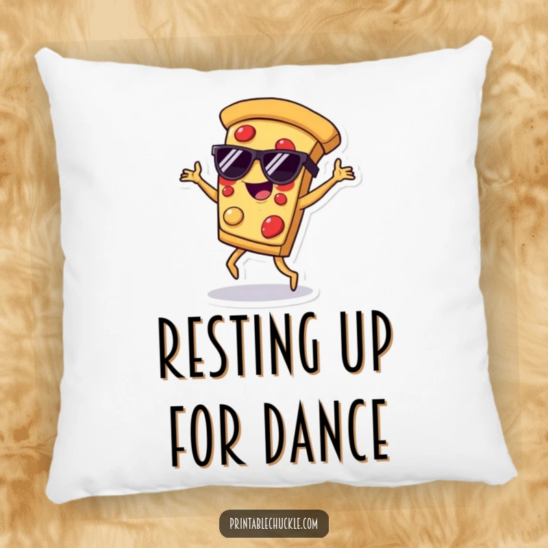Funny pillow featuring a pizza slice wearing sunglasses, breakdancing, bringing dance party vibes to comfort.