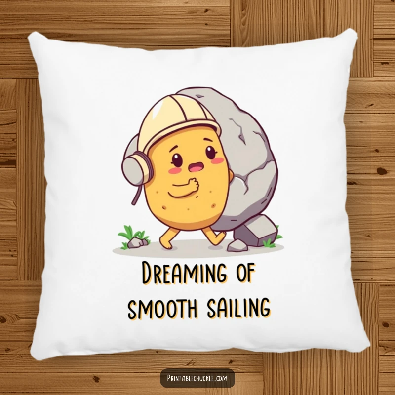Funny determined potato wearing a tiny helmet, pushing a gigantic boulder, on a soft pillow, adding humorous support, a funny gift.
