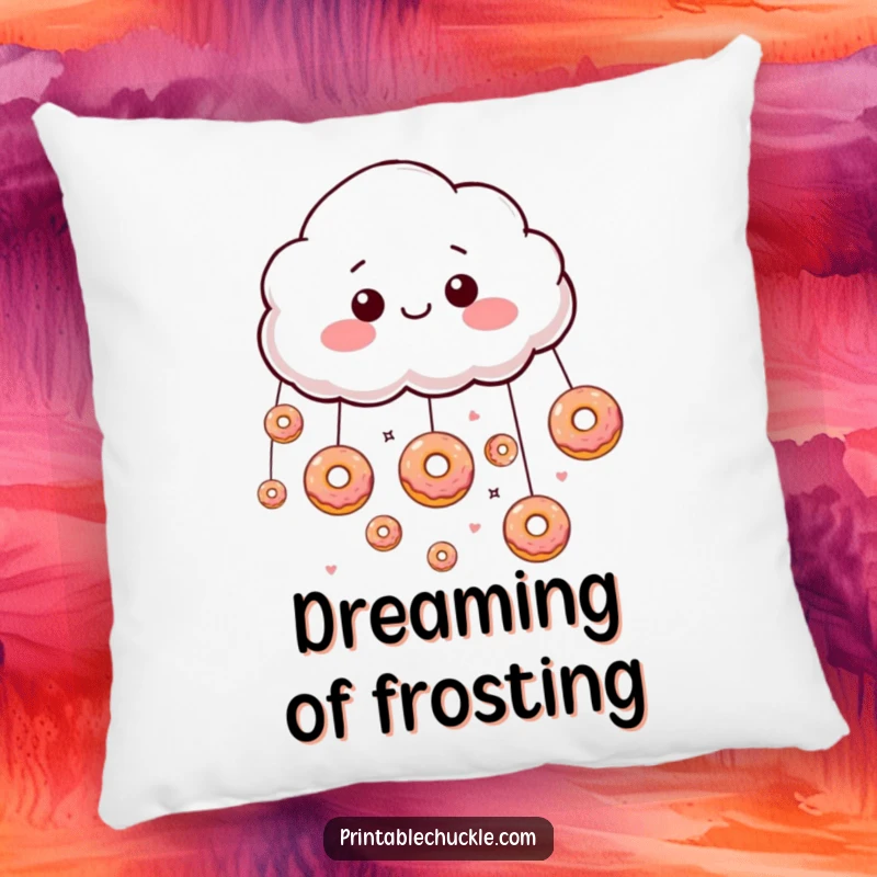Funny giddy cloud raining tiny donuts on a soft pillow, adding sweet whimsy.