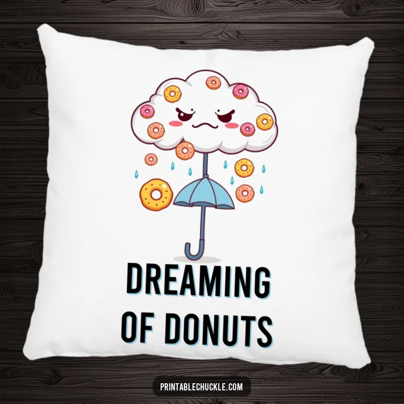 Funny Grumpy Cloud Donut Rain Pillow: A grumpy cloud rains donuts onto a happy umbrella, a soft and fun decorative piece.