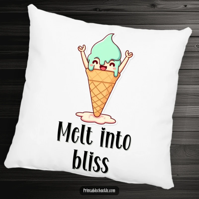 Funny pillow featuring a triumphant melted ice cream cone, bringing comfort and sweet summer vibes.