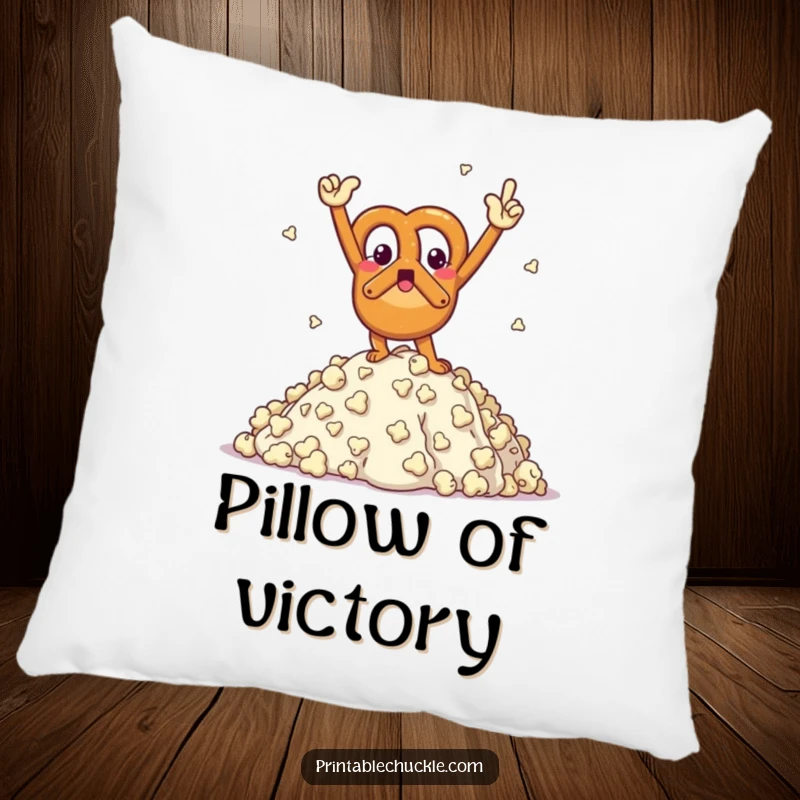Funny pillow with a triumphant pretzel character in a victory pose atop a popcorn mountain, offering comfort.