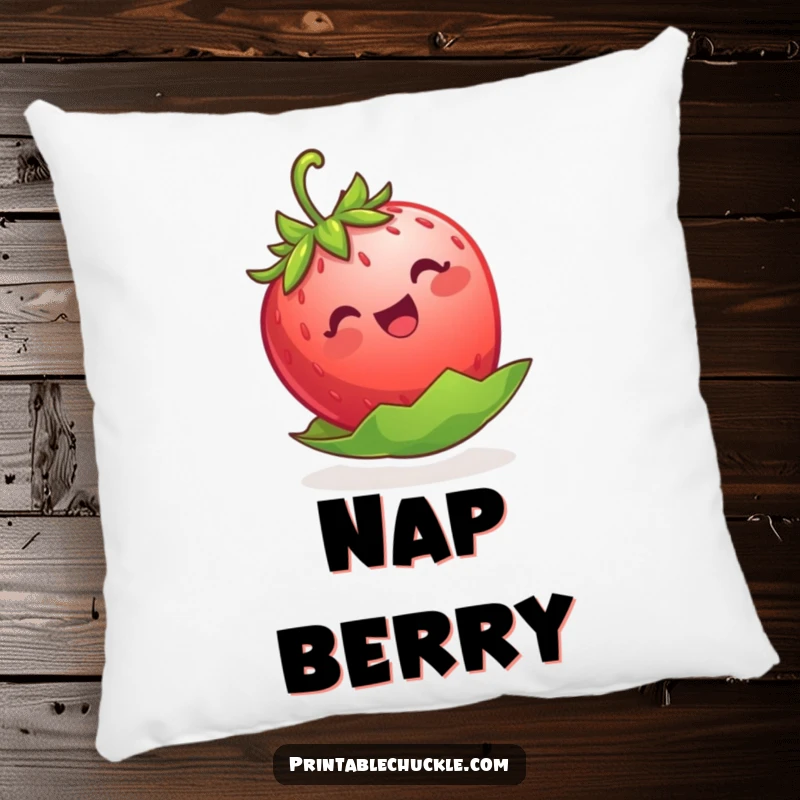 Funny strawberry pillow, a delighted berry balancing on its leaf, a soft and humorous decorative accent.