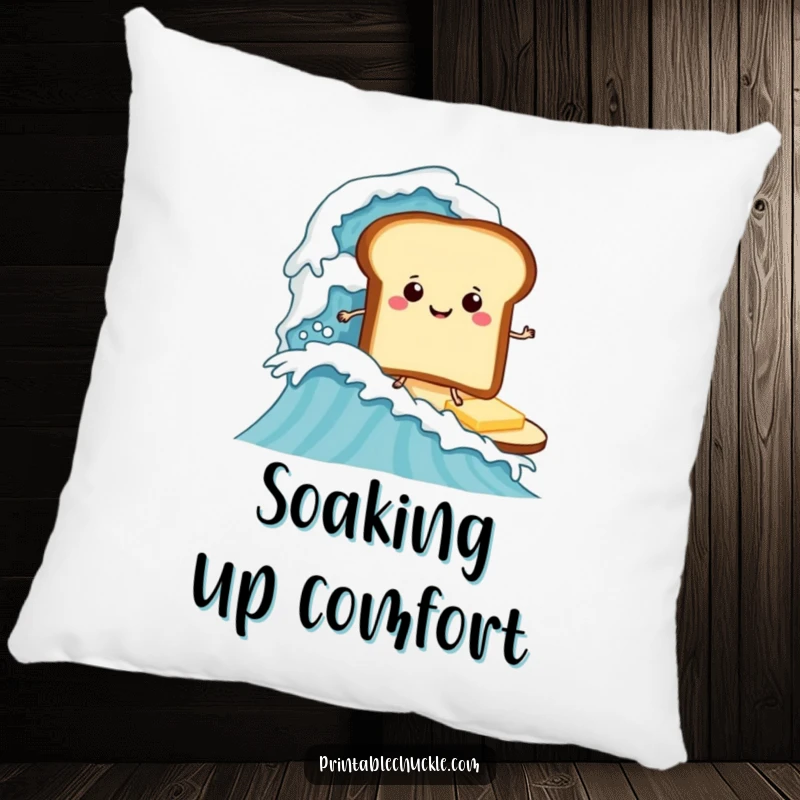 Funny pillow featuring a toast character surfing a huge butter wave, comfortable funny gift for relaxation.