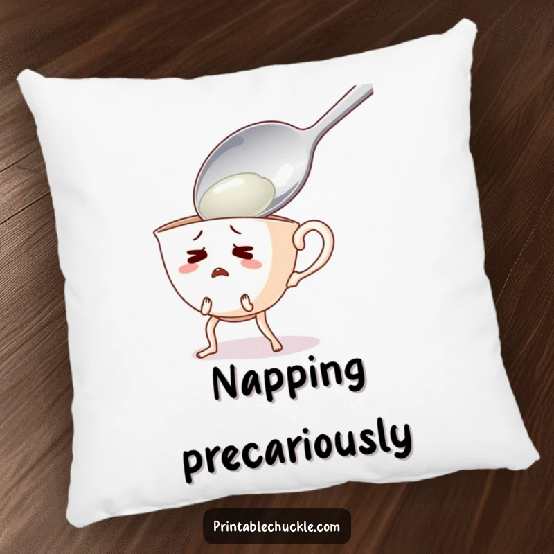 Funny pillow featuring a startled teacup with legs recoiling from a giant spoon, offering comfort and humor.