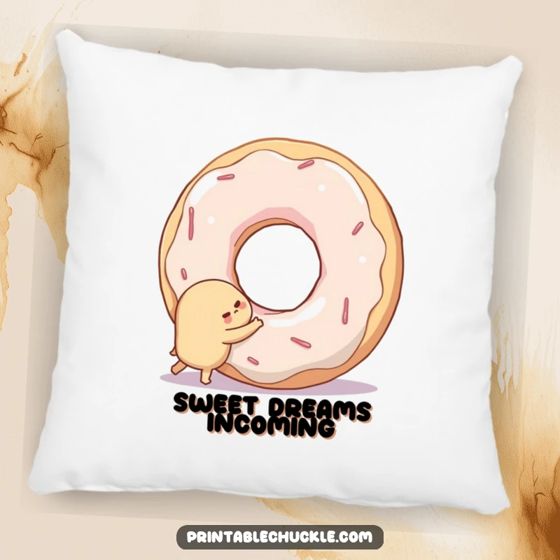 Funny pillow featuring a shy donut hugging a giant, smiling doughnut hole, perfect for adding comfort and charm.