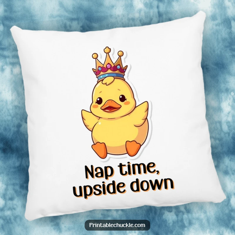 Funny upside down rubber duck pillow wearing a crown, a soft and humorous royal bath toy.