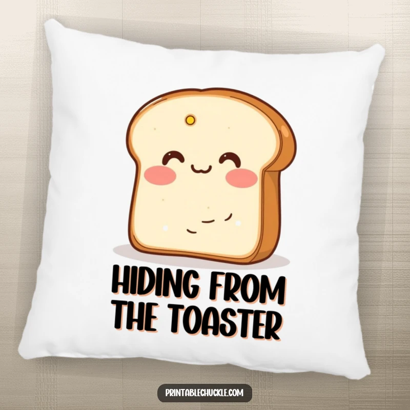 Funny pillow with blushing bread hiding behind butter, offering soft comfort and adorable, shy humor.