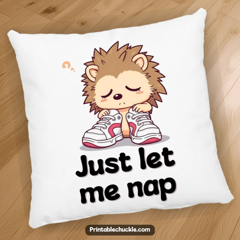 Funny hedgehog pillow showing a sleepy character struggling with oversized sneakers, adding comfort and charm.