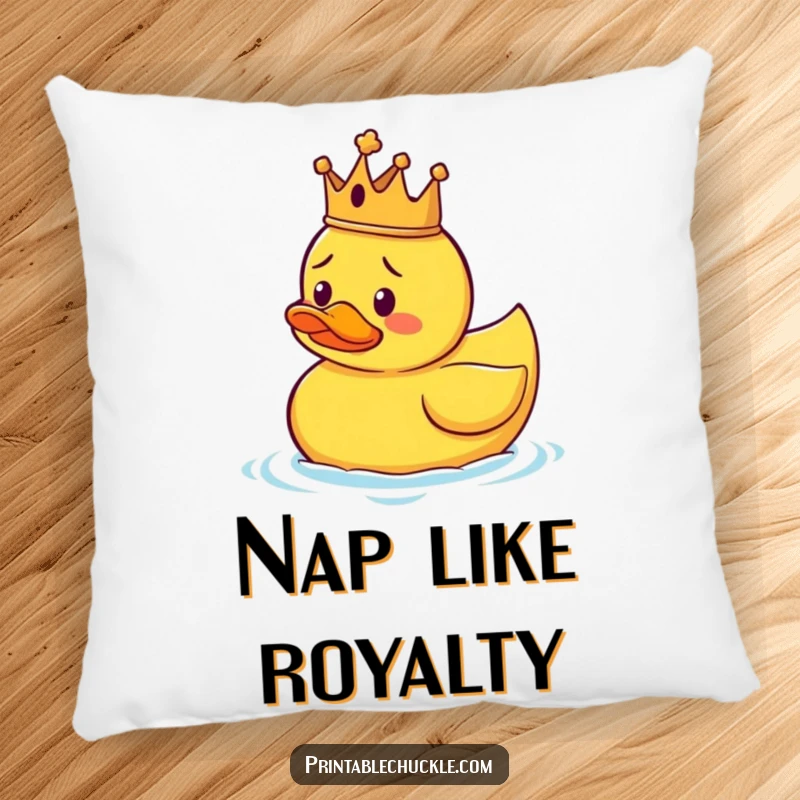 Funny pillow with a rubber duck sporting a tiny crown, floating in a confused, erratic pattern, adding humor to comfort.