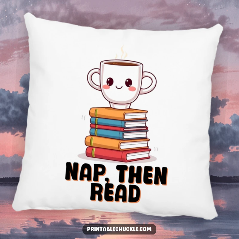 Funny pillow featuring a smiling coffee cup precariously balancing on a wobbly stack of books, adding humorous and cozy decor.