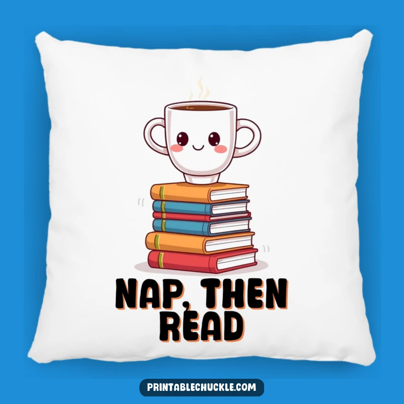 Funny Coffee Book Balance Pillow: Cozy Cushion with Smiling Cup on Books, Humorous Decor