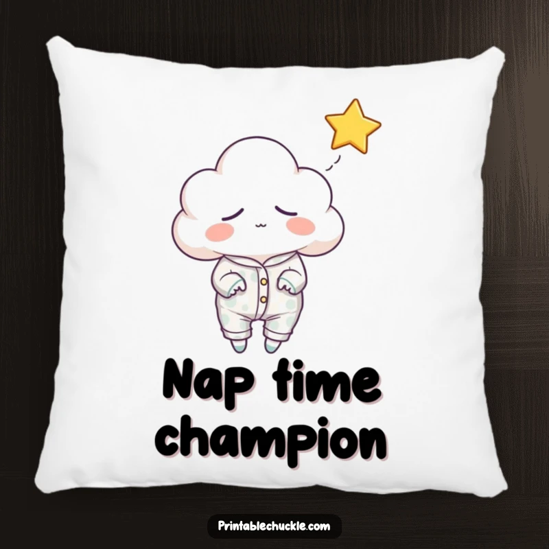 Funny sleepy cloud pillow, wearing pajamas and reaching for a falling star, offering plush comfort and sleepy charm.