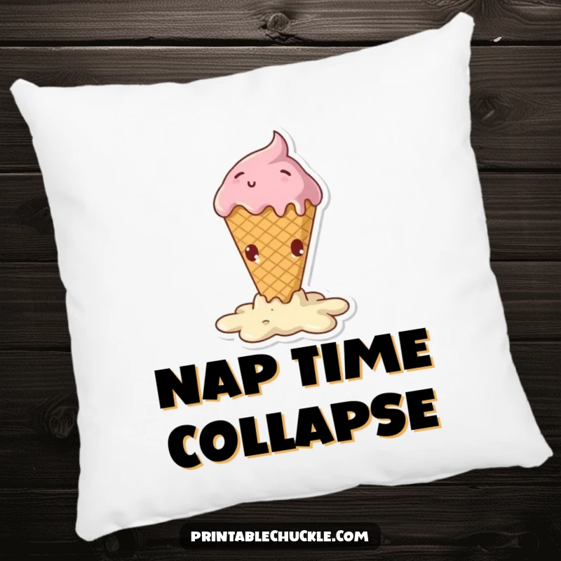 Funny pillow with a melting ice cream cone in a dramatic, hilarious fall, offering comfort and humor.