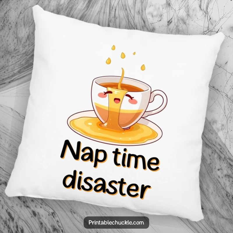 Funny pillow showing a bewildered teacup struggling with a waterfall of spilled tea.