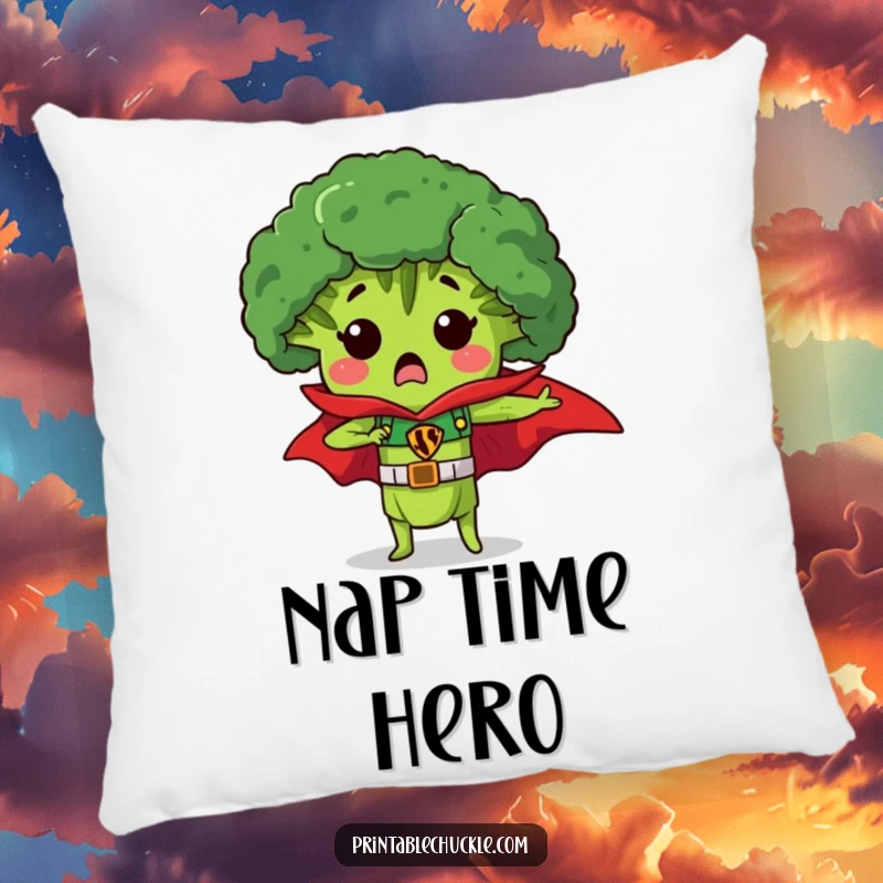 Funny pillow featuring a surprised piece of broccoli wearing a superhero cape, a soft and humorous decorative gift.