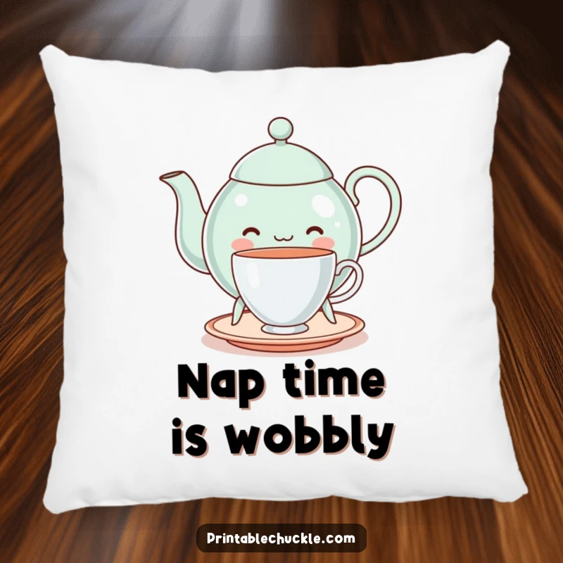 Funny cheerful teapot on legs, struggling to balance a teacup, on a soft pillow, adding humorous charm, a funny gift.